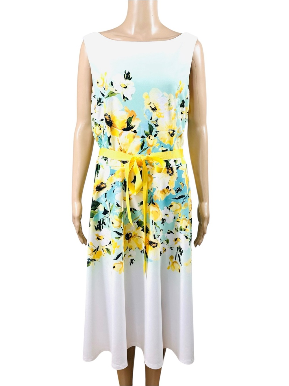 NorthStyle White, teal, yellow floral watercolor fit flare dress and sash sz 16